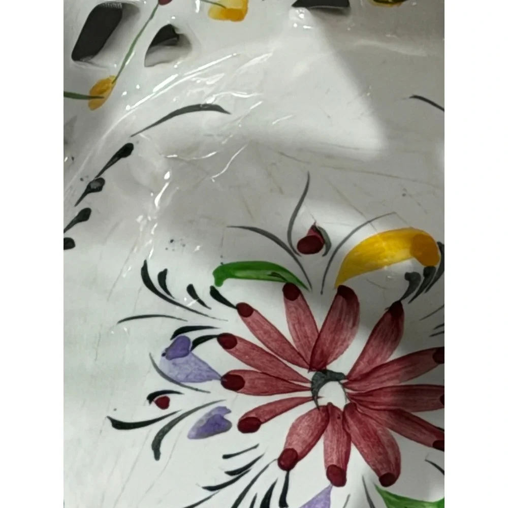 Vintage Hand Painted Portugal Ceramic Reticulated Lattice Floral Basket 406D
